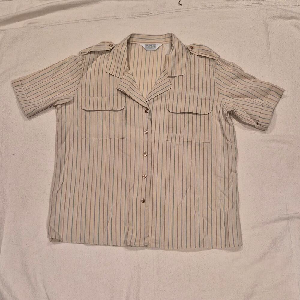 Vintage Sports Galore Striped Safari Camp Shirt Tan Pastel Boho Utility M